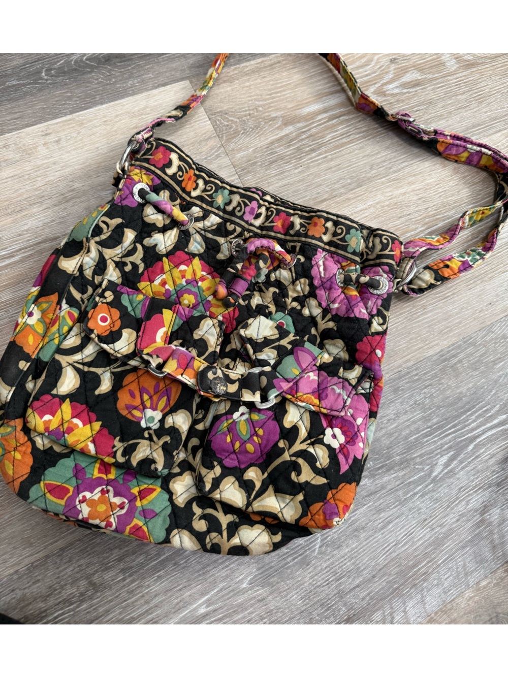 Vera Bradley Black Quilted Floral Drawstring Crossbody with Multicolor Blooms